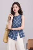 เสื้อแขนกุดลายตารางสีน้ำเงิน