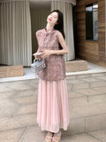 โซรินา ชุดกี่เพ้าสองชิ้นลายสีชมพู
