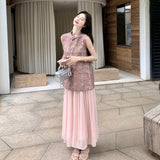 โซรินา ชุดกี่เพ้าสองชิ้นลายสีชมพู